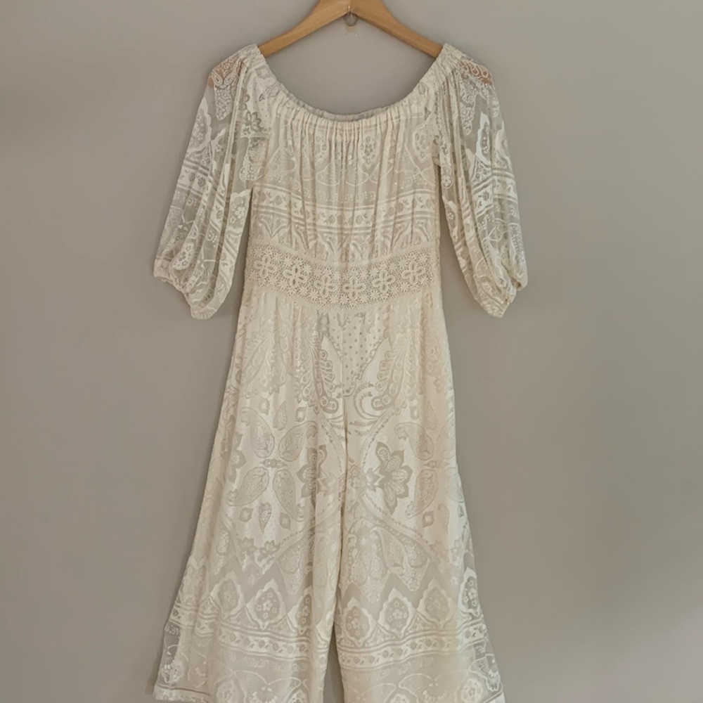 FARM Rio For Anthropologie Elliott Off The Shoulder Wide Leg Lace Jumpsuit Ivory